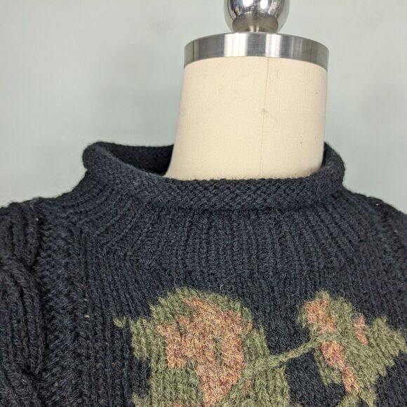Vintage Floral Sweater M Black Wool 90s Roll Collar Cable 3D Knit Whimsigoth - Picture 3 of 11